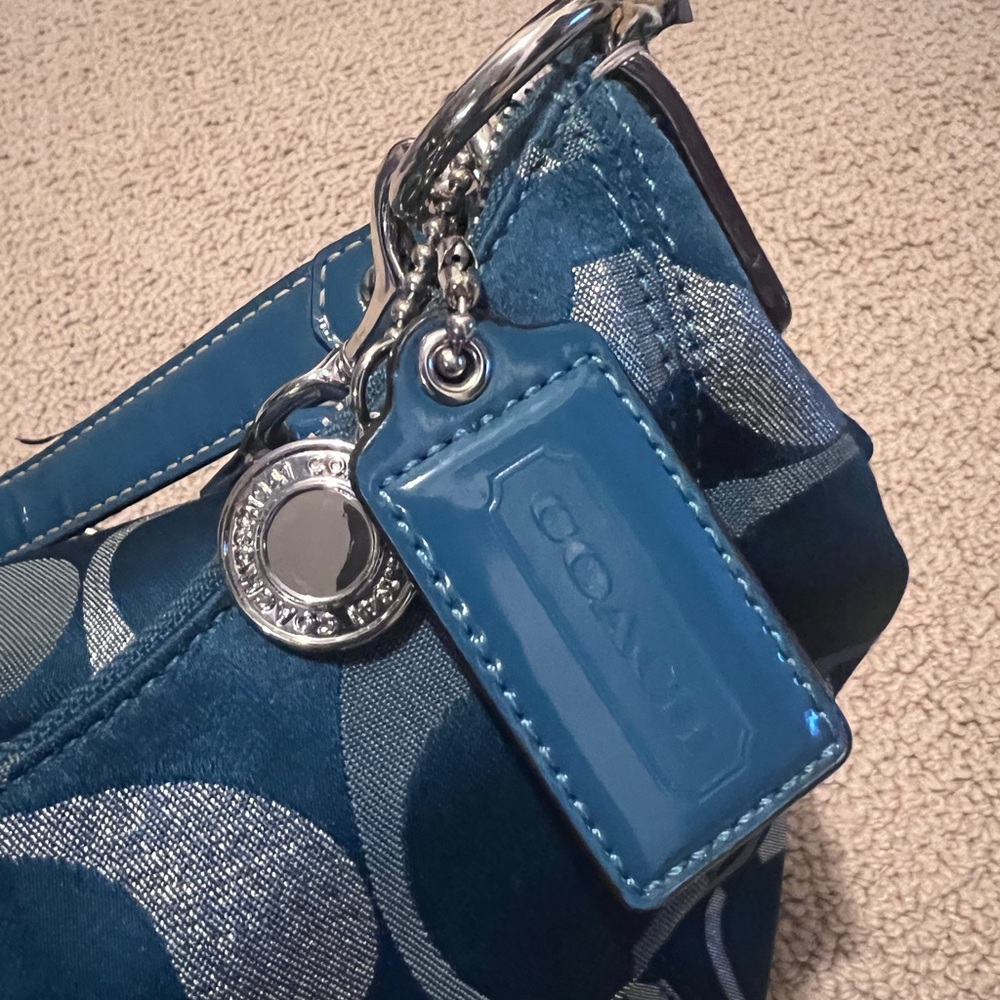 COACH F20428 Signature Handbag Teal Green Silver Jacquard Women Vintage - Picture 12 of 12